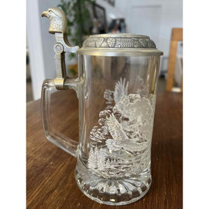 Domex Beer Stein Pewter Lid Eagle Thumb Lift Etched Glass Germany VGUC